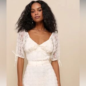 Ideal Adoration Cream Tulle Swiss Dot Rosette Puff Sleeve Top